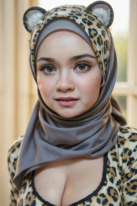 (((Baby Face))), Very cute like a baby face, ((Stylish Hijab)), adorable, 1 girl, , baby face, shy, half body portrait, (face details: 1), (eye details: 1), ((shiny round large breasts, cleavage)). Cute posed. proportional body. Ultra High Res. realistic: ...