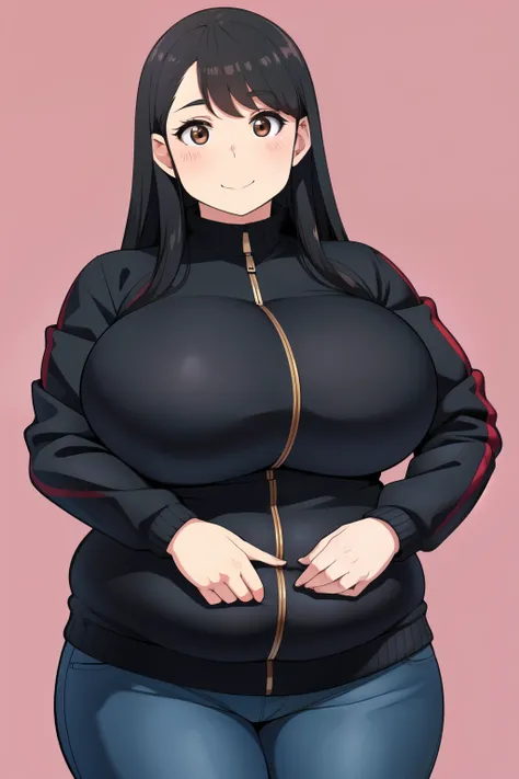 Plump year 21 big breasts black hair brown eyes happy longer hair smile blushing black jacket 