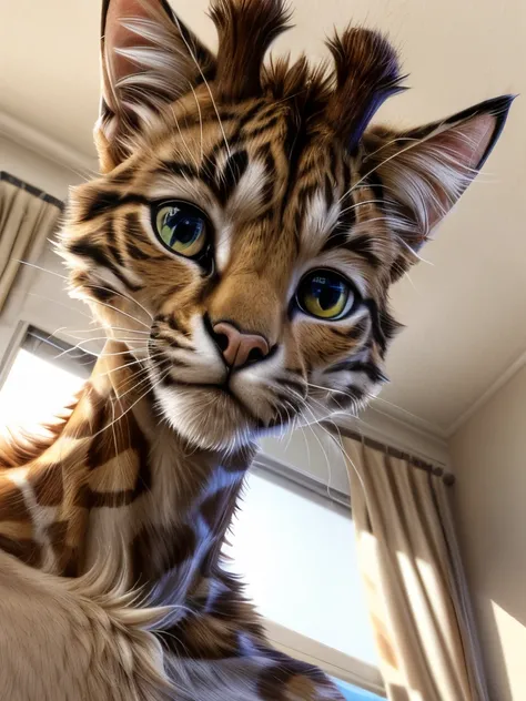 there is a cat sitting on a white surface looking at the camera, cat giraffe hybrid, the cat looks like giraffe, very handsome, spotted ultra realistic, cat dog hybrid, has a very realistic look to it, sora as a cat, tabaxi male, a handsome, high-resolutio...