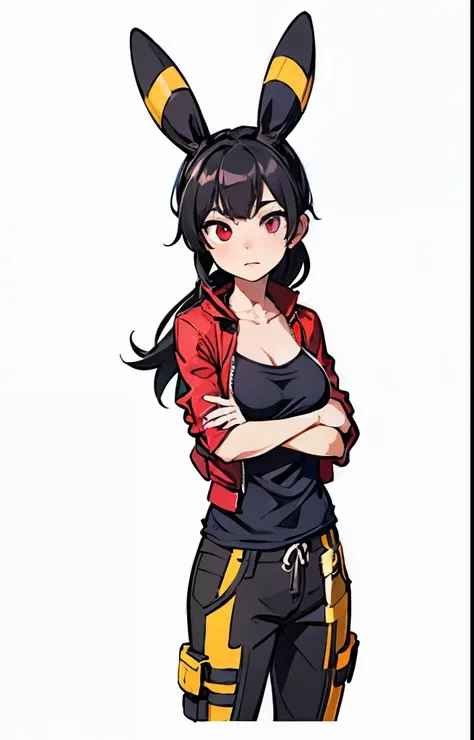 a girl with black hair, Umbreon ears, red eyes, wearing black cargo pants, a medium-sized breast, an open leather jacket, A ponytail hairstyle, and a pink undershirt, (best quality,4k,8k,highres,masterpiece:1.2),ultra-detailed,(realistic,photorealistic,pho...