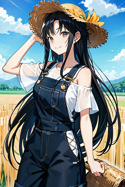 Shoulder-length hair　Black Hair　Farm work overalls　Straw hat　Sweat　Anime Style　smile　towel　Rice Field　sunny　rice　See-through clothing