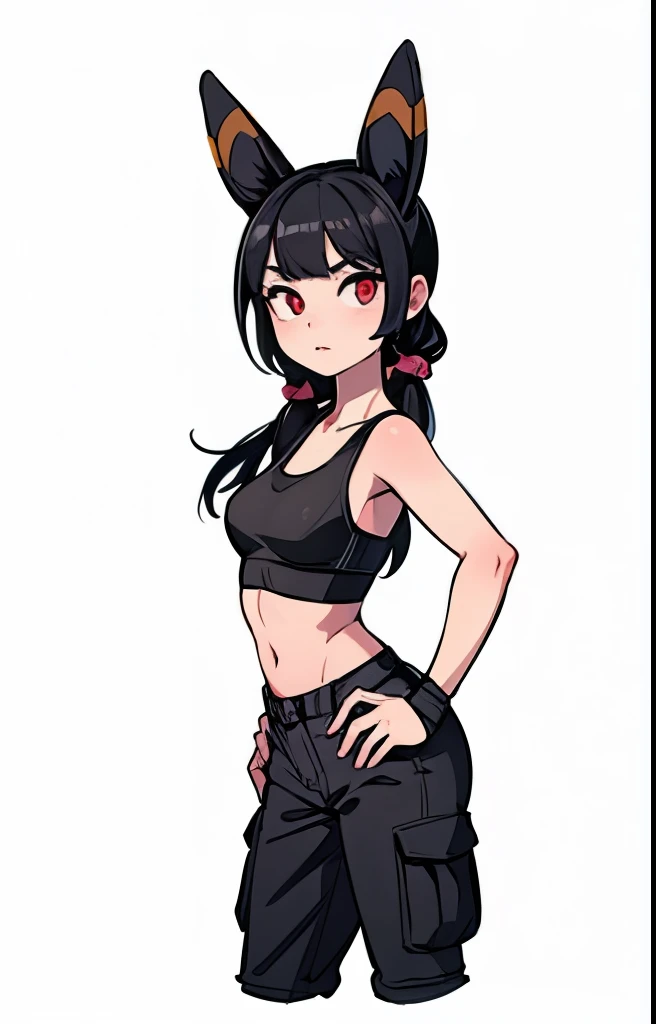 a girl with black hair, umbreon ears, red eyes, wearing black cargo shorts, pink sports bra, medium breasts, open black leather jacket, round ass, small hips, detailed face, beautiful detailed eyes, beautiful detailed lips, extremely detailed eyes and face...