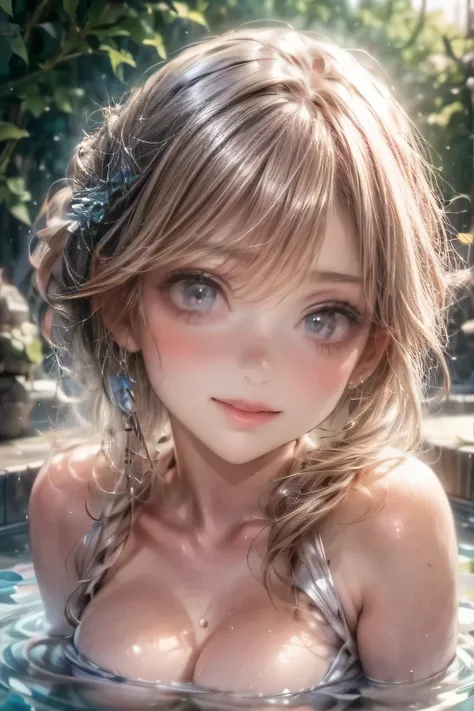 cute girl, a happy moment soaking in an open-air hot spring, happily expression, extremely detailed (hair, face, eyes, longeyelash, lips), cleavage