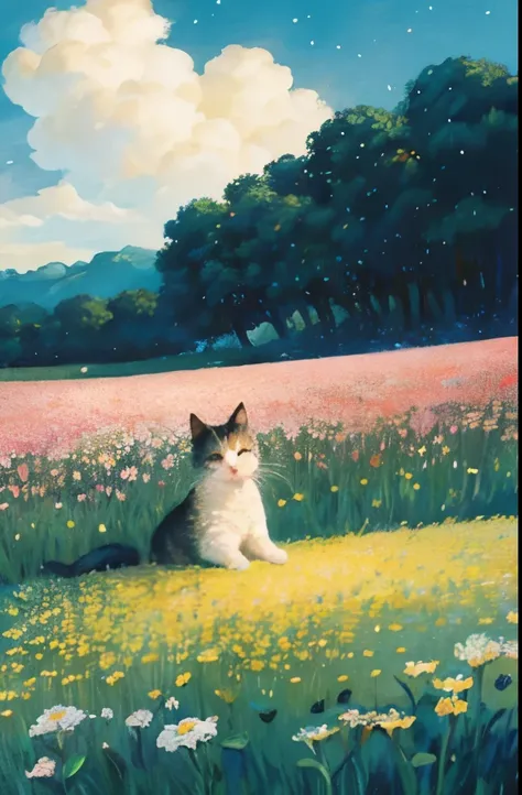 a close up of a person in a field of flowers, a pointillism painting by Kose Kanaoka, tumblr, conceptual art, in a field of flowers, omori, night starry sky full of cats, field of flowers at night, cats cat dreamcats, blurry and dreamy illustration, ghibli...