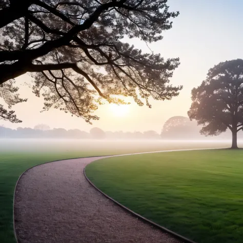 there are many white flowers in the grass near a tree, spring early morning, mystical kew gardens, springtime morning, early spring, flowers and trees, misty garden, delightful surroundings, incredibly ethereal, extremely beautiful and ethereal, dreamy sce...