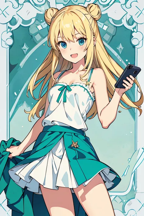 Highest quality, 1 beautiful girl, Two buns, Long blonde hair, blue eyes, Half-laugh, Outdoor, Cowboy Shot, Hold a smartphone in one hand, Anime, Small breasts, White camisole & Green miniskirt
