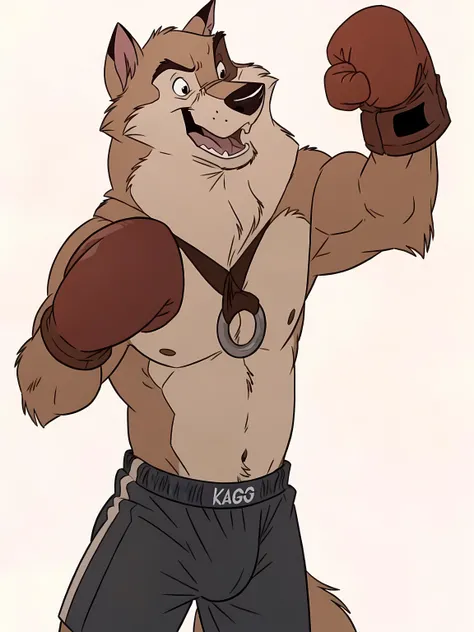 kaltag (balto), detailed, detailed face, detailed eyes, anthro body, black lineart, black outline, male, adult, masculine, muscular body, black eyes, cartoon shading, cel shaded:1.0, confident, proud, front view:1.1, boxing shorts, full body:1.2, wolf tail...