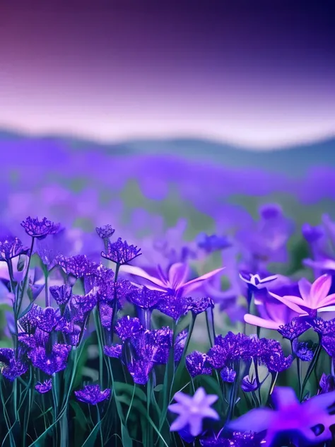 purple flowers in the dark, dark purple blue tones, blue and purple, vibrant but dreary blue, purple and blue, dark flowers, blue and violet, night sky full of flowers, blue flowers, moody beautiful colors, blue flowers bloomed all over, blue and purple pl...