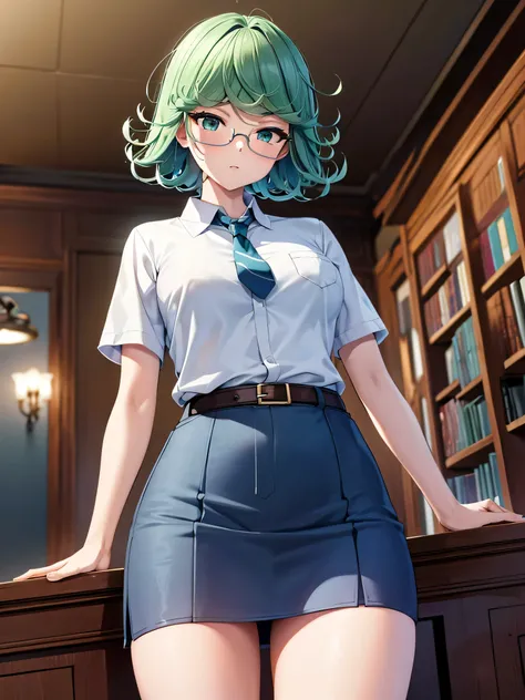 (high res, 8K, masterpiece, looking at viewer, best quality, very aesthetic, ultra detailed, ultra background, ultra Eyes) intricate details, 1girl, Tatsumaki, short sleeved white shirt, Light Blue Gray short skirt, Pockets on the left chest, Blue Gray tie...