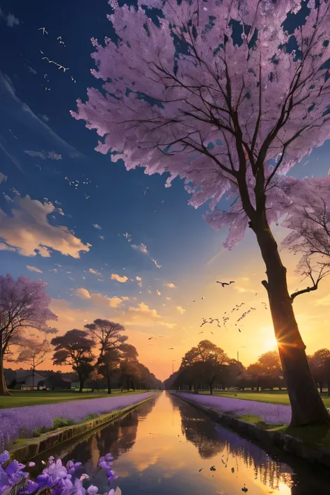 (Best Quality,8k,High resolution,masterpiece:1.2),ultra detailed,Sunset,the avenue lined with jacaranda in bloom purple, household, The beautiful yellow rapeseed flowers on the shore., The current, the breeze, The birds fly