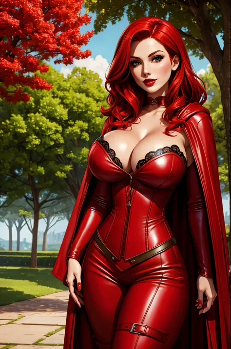 red leather corsetm red cloak, in front of a majestic tree, vibrant colors. wavy red hair, cleavage, detailed face with bright red lipstick, 