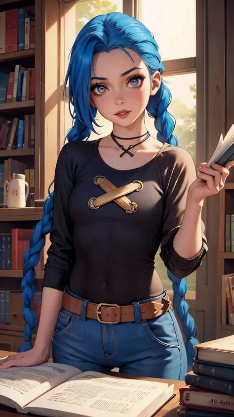 Blue Haired Girl, Book, Arcanum, red-lips, Arcanum. Book, Girl with twin braids and blue color., Book, Arcanum, Book de Arcanum, Book usa uma blusa marrom com um x no meio sa blusa, Arcanum, Book wears leather pants, estilos Arcanum, Book, Eyes pink