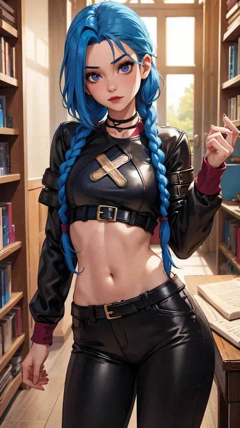 Blue Haired Girl, Book, Arcanum, red-lips, Arcanum. Book, Girl with twin braids and blue color., Book, Arcanum, Book de Arcanum, Book usa uma blusa marrom com um x no meio sa blusa, Arcanum, Book wears leather pants, estilos Arcanum, Book, Eyes pink