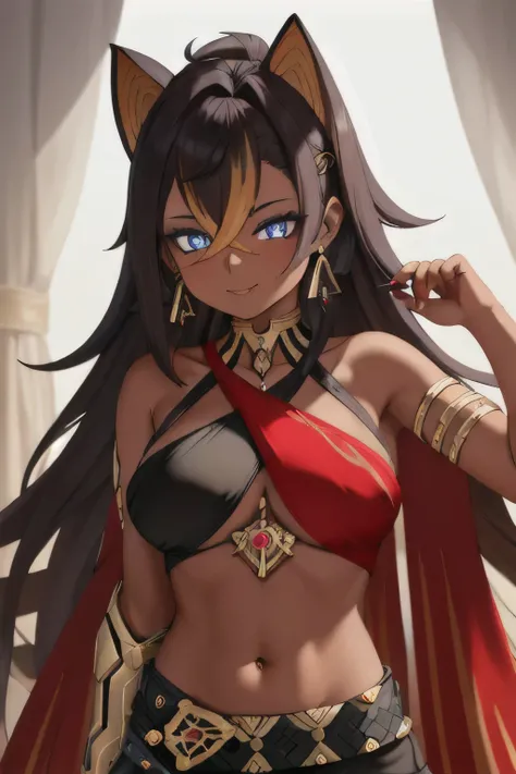 best quality, masterpiece, highres, solo, {dehya_genshin:1.15}, multicolored_hair, long_hair, bangs, blue_eyes, streaked_hair, dark-skinned_female, dark_skin, blonde_hair, black_hair, hair_between_eyes, jewelry, crossed_bangs, halterneck, earrings, animal_...