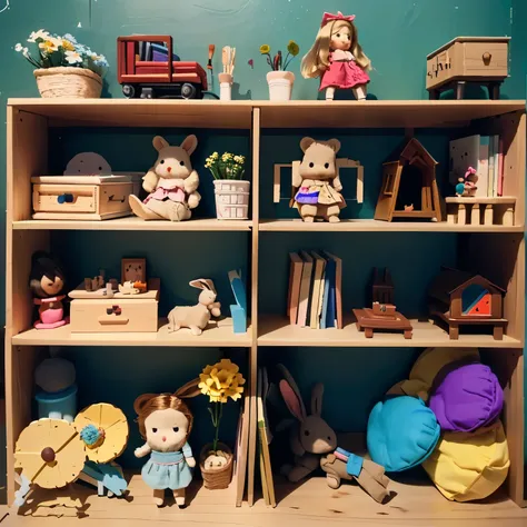 A book child illustration of a shelf with several toys for 5 yo girls (exemple: Little dolls, little house, girls game, little happy flower, little bear, little rabbit, etc)