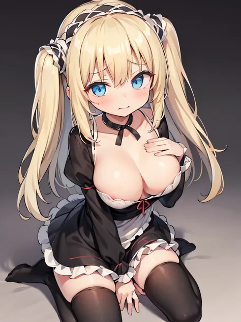 Baby Face、More Japanese looking、Long Hair,Blonde,Black hair band,Both sides up,Side Lock,Hair between the eyes,Bangs blue eyes、Black choker,Ribbon choker,Black Ribbon,Frillsのドレス,Black Dress,Long sleeve,Frills,D cup breasts,White Pantyhose,Mary Jane,Black f...