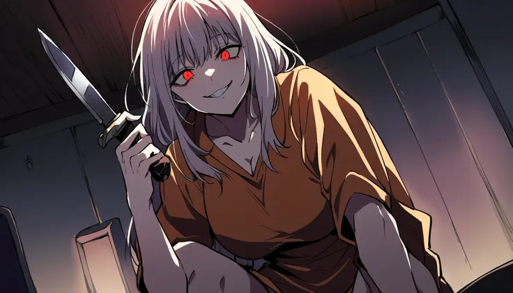 1 yandere girl big chest sitting on knees looking downside, evil smile lit room, mysterious bloody knife in hand, short clothes ...