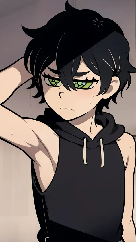 Highres, Masterpiece, Best quality at best,Best Quality,hight quality, hight detailed, Anime style, 1boy, Shota, young boy, Solo person, Young andy graves, hair between eyes, closed mouth,black hair, green eyes, Slim body, messy hair, bright pupils, look a...
