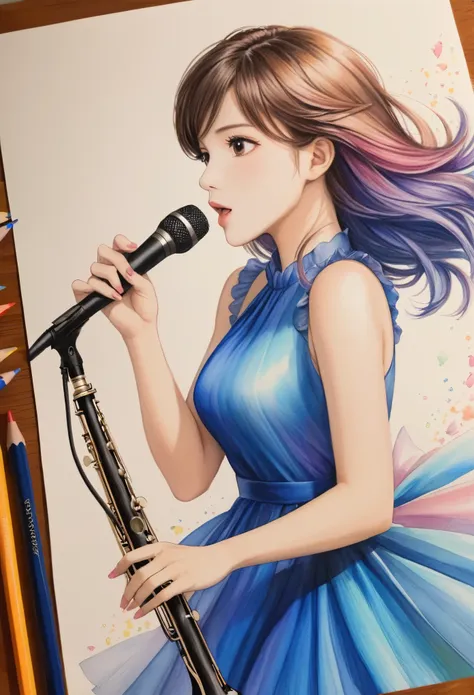 female, a sleeveless dress、musician, vocalist, creative,  art,  colored pencil drawing,