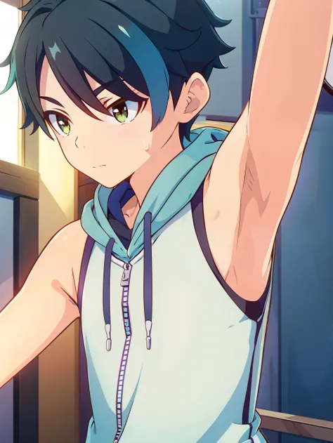 Highres, Masterpiece, Best quality at best,Best Quality,hight quality, hight detailed, 1boy, Shota, Young boy, Xiao, Green hoodie with cyan stripes, Wearing headset, The hoodie is sleeveless and has an open zipper, (very small and short stature), (very you...