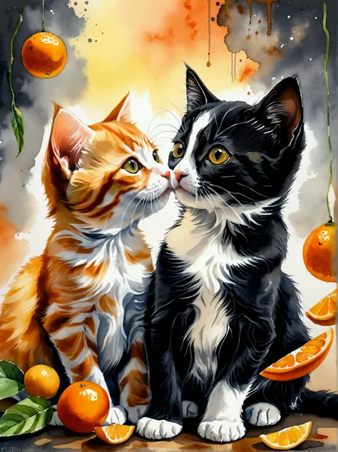 a black and white kitten playing with an orange and white puppy, watercolor, illustration, (best quality,4k,8k,highres,masterpiece:1.2),ultra-detailed,(realistic,photorealistic,photo-realistic:1.37),cute animals, adorable, whimsical, warm colors, soft text...