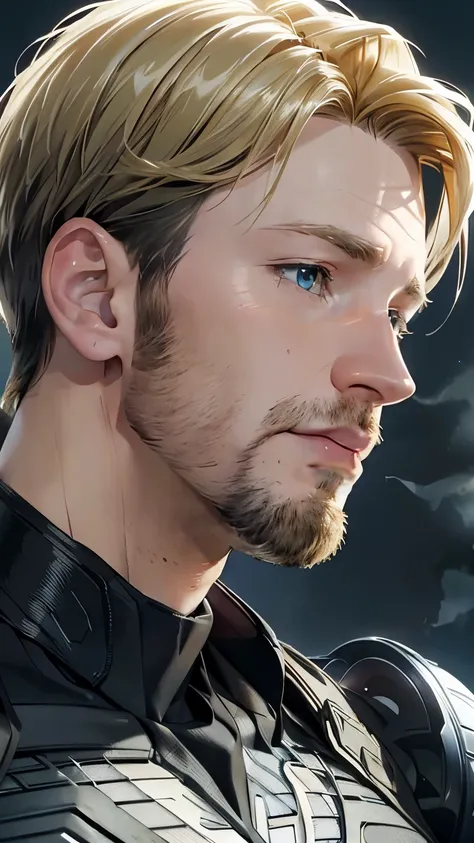 (masterpiece), best picture quality, profile icon, semi realism, 8k cg, stunningly handsome, intricate details, chromatic aberration, ((bust shot)), ((looking at viewer)), facing the front, portrait, close up, 1boy, Steve Rodgers, superhero suit, short blo...