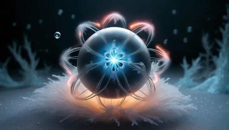 A frozen helium atom in a superfluid state, surrounded by a frosty mist, emits a ghostly glow.