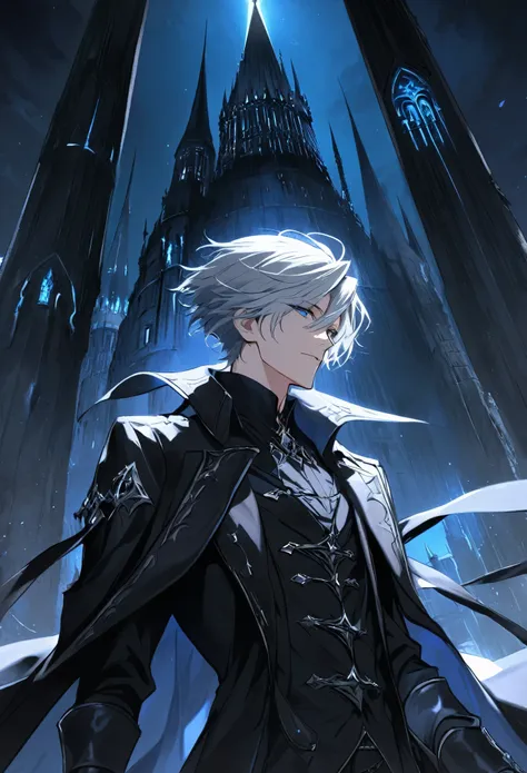 solo, handsome, 1 male, short hair, silver hair, dark blue eyes, dark shirt, black coat, dark fantasy, tower