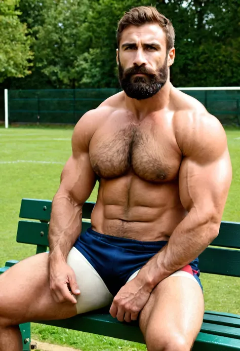 arafed man with a beard sitting on a rugby park bench with his shirt open, hairy chest, large muscles, very beautiful. big muscles, gigachad muscular, massive muscles, big chest, muscular men, hairy chest and hairy body, powerful and huge, beefy, he got a ...