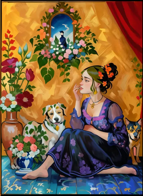 painting of a woman sitting on a floor with a dog and flowers, catherine nolin, inspired by Suzanne Valadon, inspired by Kahlo, inspired by Irma Stern, inspired by Will Barnet, inspired by Paul Delvaux, inspired by Michel Delacroix, art in the style of pau...