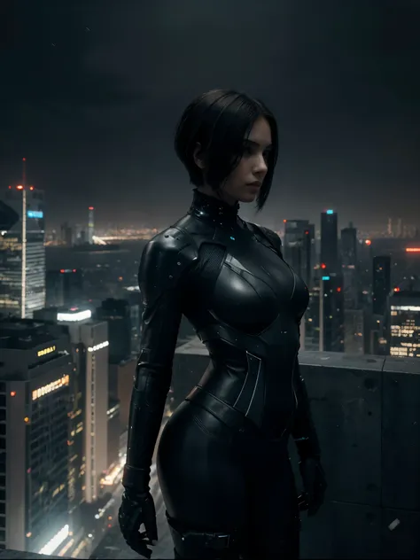 A black and white scene with a cyberpunk art style featuring a dramatic, high vanishing point perspective, from an angle behind a female character. She has a short, dark haircut, and is wearing a form-fitting futuristic suit with technological details. The...