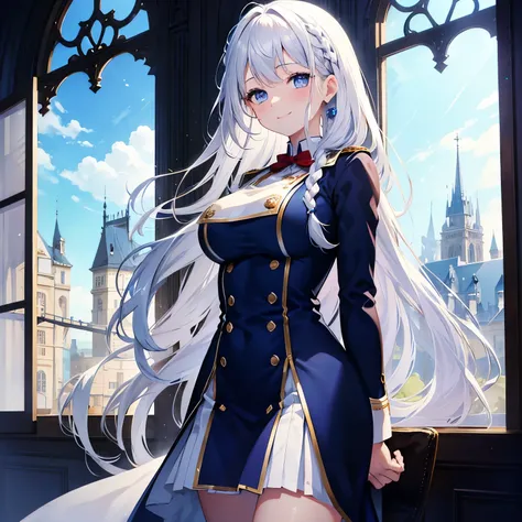 One woman, standing, braids through hair, blue eyes, white hair, smile, blue high school uniform, hair down, large breasts, in a castle, window.