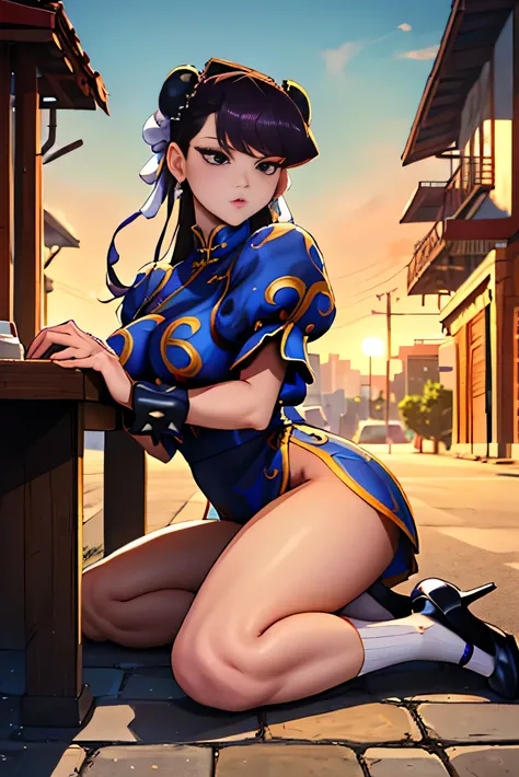 (((Komi Shouko wearing a Chun Li cosplay))), (((Komi Shouko))), (((lChunli))), purple hair, purple fur, Purple eyes, Purple eyes, ((masterpiece,The best quality)),Beautiful night street background (breasts, large breasts, breats, huge breasts, heels, hig h...