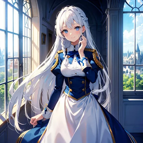 One woman, standing, braids through hair, blue eyes, white hair, smile, blue high school uniform, hair down, large breasts, in a castle, window.