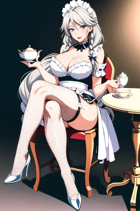 ((masterpiece)),((best quality)),ultra-detailed,illustratio,Grayfia Lucifuge,1girl,red lips,maid headdress, solo, braid, lipstick, grey eyes, grey hair, thighhighs, large breasts, makeup, breasts,twin braids, crossed legs, cup, garter straps, teapot, long ...