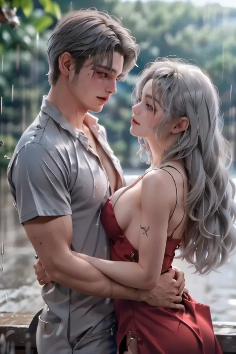 (masterpiece), (5K), (best quality), 2d Couple, ((a young gray hair couple)), ((a gray long hair woman , sharp eyes, slit_ pupils, pale eyes, small boobs, red dress)), brown eyes, ultra well detailed eyes, ((a gray hair guy, wearing a prince cloth)), beaut...