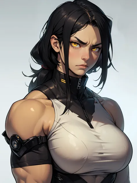 girl serious look empty eyes sad frown muscular massive breasts black hair yellow eyes pale skin toned body