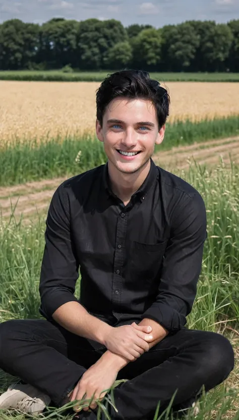 Excellent, masterpiece, boy in the middle of photo looking straight in to camera, around him is field, he is in black shirt, polish beauty, black hair, 2, sitting on a ground, smiling 8k, Canon EOS 5D Mark IV DSLR camera, High Resolution, Masterpiece, Anat...