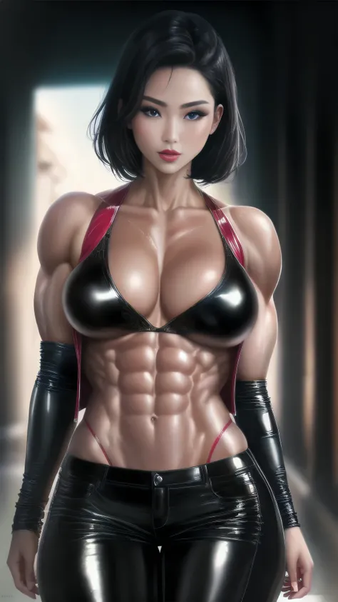 Realistic Huang Tingting, Delicate and messy short black hair, Medium shot  , delicate skin, Detailed body, musculous, Alone, Wear Glittery Latex Glitter Leather Low Rise Pants, humongous large breast, Thigh thick, Wide hips, muscular arms, Have a lot of, ...