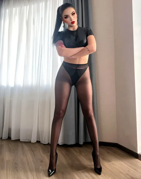 bitchy girl, black hair, braid, brown eyes, red lips, slutty makeup, leather top, black top, black thong, pantyhose, nylons, thights, black highheels, crossed arms