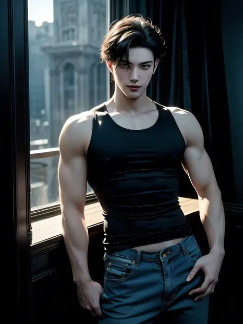 cinematic composition of a charming and handsome young man in his 20s, wearing a men's black tank top and black jean pants. he h...