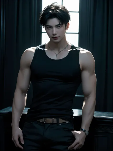 cinematic composition of a charming and handsome young man in his 20s, wearing a men's black tank top and black jean pants. he h...