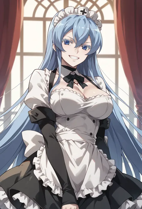 esdeath, blue eyes, blue hair, long hair, large breast, eyelashes, maid headdress,maid outfit, ribbon, evil smile, grin, light s...