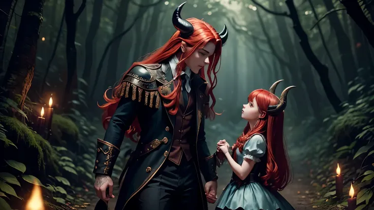 a whimsical fantasy scene featuring a boy and girl demons holding hands in a dark, enchanted forest. they have fiery red hair an...