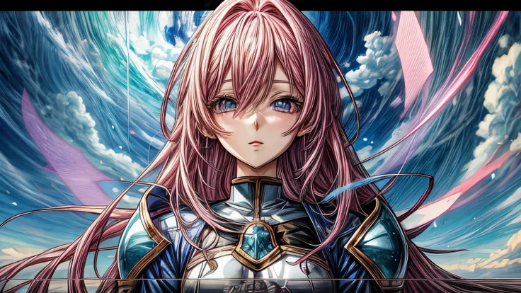 anime girl with pink hair and blue eyes wearing a blue dress., portrait, knights of the zodiac, , detailed digital animated art,...