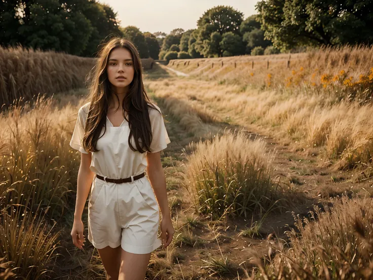 A young woman with long dark brown hair stands in an orange field, wearing white and looking straight ahead. She is surrounded by tall grasses, with a style of dark red and light beige. The overall feeling is one of tranquility, in the style of Guy Aroch.