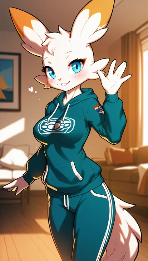 ((best quality)) Solo, hi_res, score_9,score_8_up,score_7_up, score_6_up, score_5_up, score_4_up, source_furry, Antro Pokemon Pancham, beautiful medium haircut, fur, white iris, standing in the living room, Wearing sweatshirt and navy blue joggers pants, f...