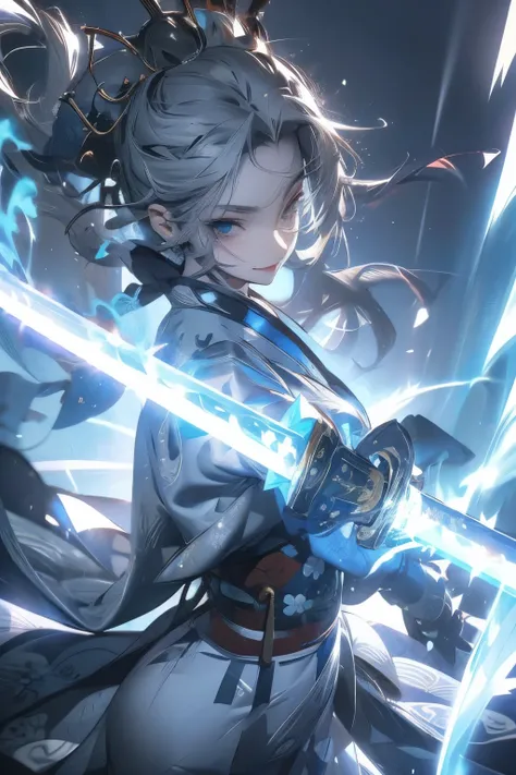 Anime girl, gray hair, blue eyes, sharp features, kimono, katana on her hip, smiling competitively