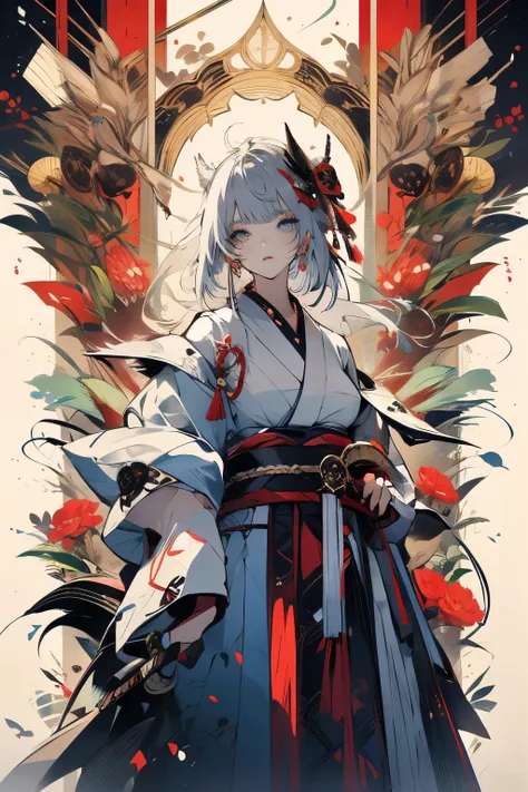 Anime girl, gray hair, blue eyes, sharp features, kimono, katana on her hip, partial makeup