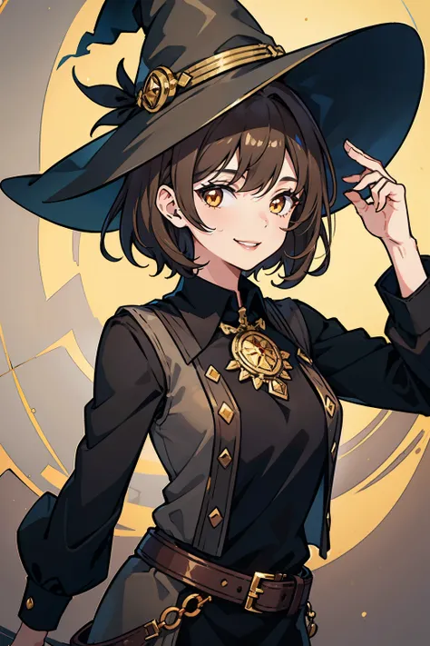 1girl, light brown hair, mature, woman, witch hat, short hair, gold eyes, lipstick, cowboy shot, black shirt, open collar, smile, cocky,